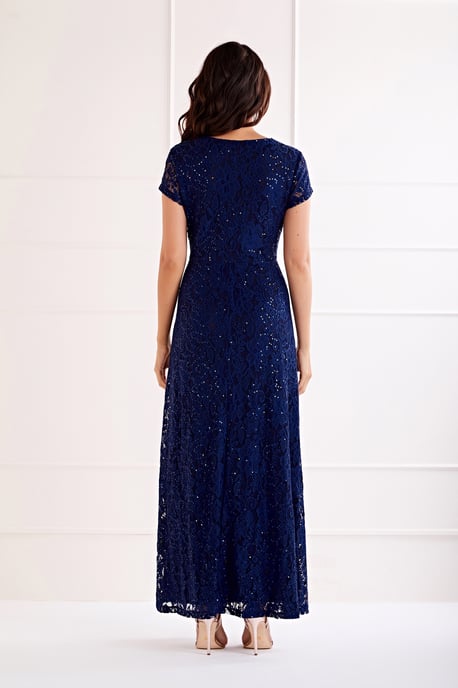 Navy Embellished V Neck Lace Maxi Dress