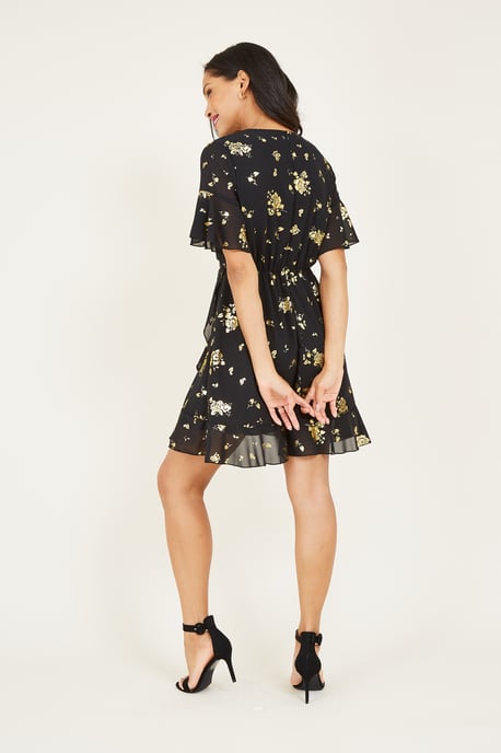 Yumi Rose Foil Printed Wrap Front Skater Dress