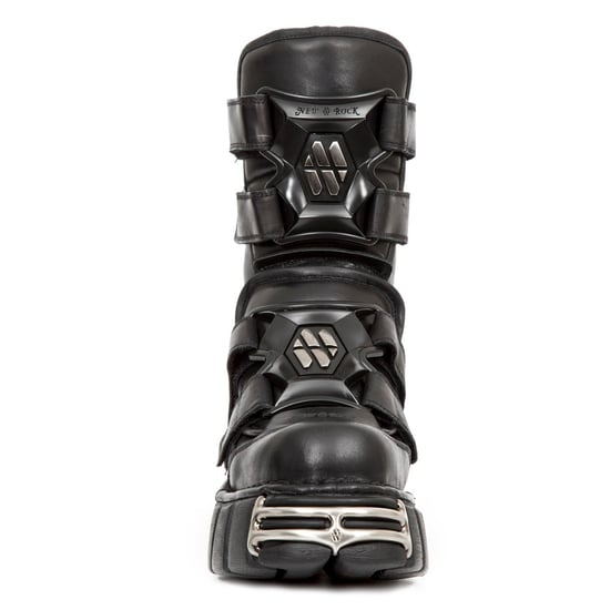 New Rock Punk Mid Calf Black Leather Boots-M-422-S1