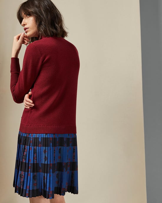 Ted Baker Paraz Cabin Knit Woven Robot Check Dress in Dark Red