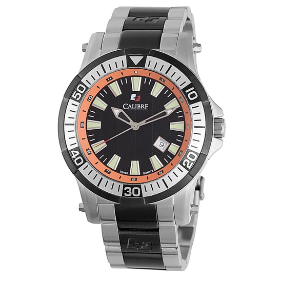 Calibre Men's Hawk Date Swiss Made Movement Watch Silver Stainless Steel Strap Black Dial - Image 1
