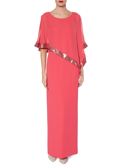 Gina Bacconi Tiffany Sequin Trim Cape Maxi Dress in Pink
