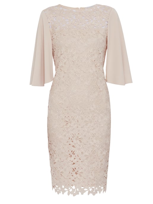 Gina Bacconi Beth Guipure  Dress with Cape Sleeves in Pink