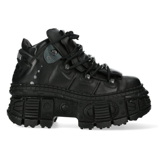 New Rock Metallic Ankle Black Leather Boots-WALL106-S12
