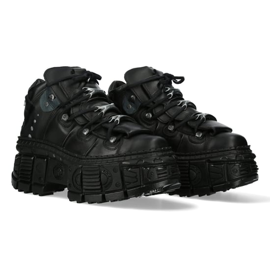 New Rock Metallic Ankle Black Leather Boots-WALL106-S12