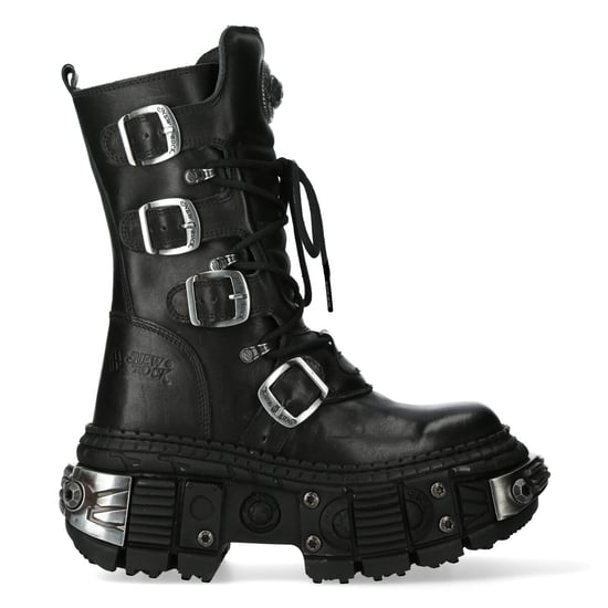 New Rock Black Mid Calf Leather Goth Boots-WALL1473-S11