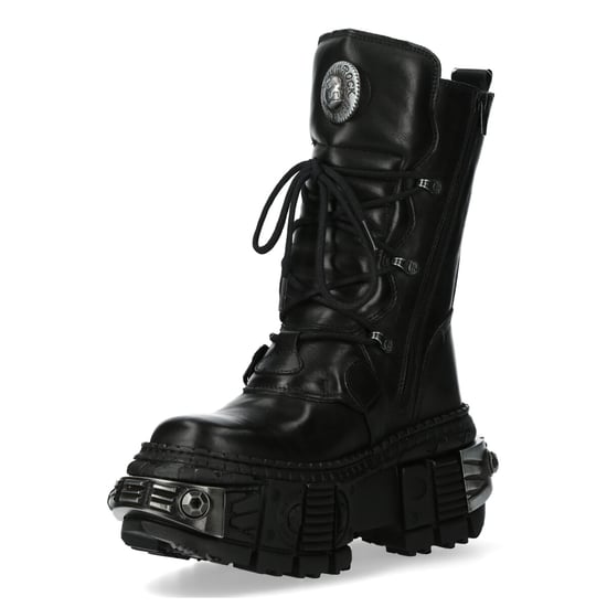 New Rock Black Mid Calf Leather Goth Boots-WALL1473-S11