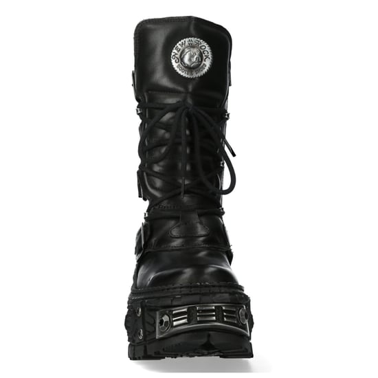 New Rock Black Mid Calf Leather Goth Boots-WALL1473-S11