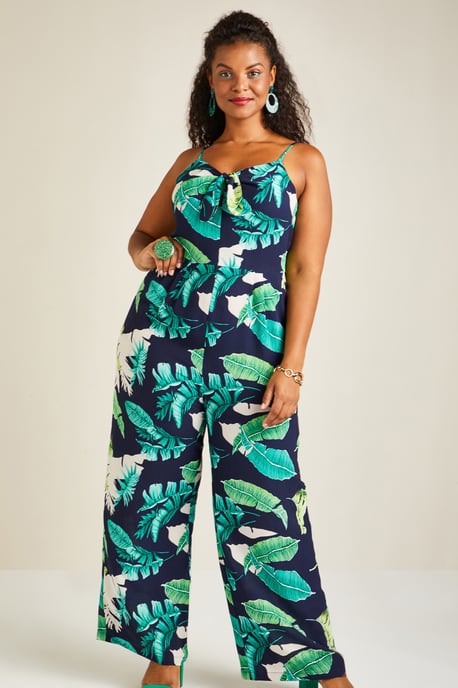 Tropical Palm Print Tie Knot Jumpsuit