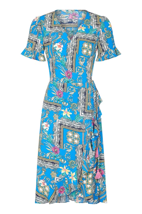 Blue Plus Size Flower Scarf Print Wrap Dress With Frill