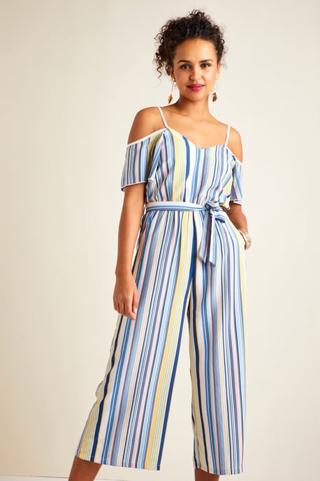 Pastel Stripe Cold Shoulder Jumpsuit