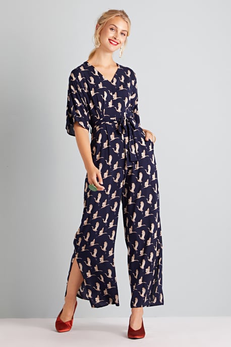 Flying Crane Print Kimono Jumpsuit