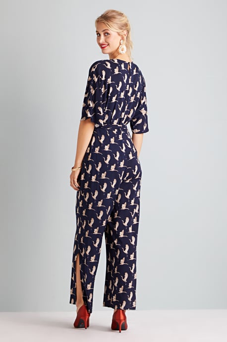 Flying Crane Print Kimono Jumpsuit