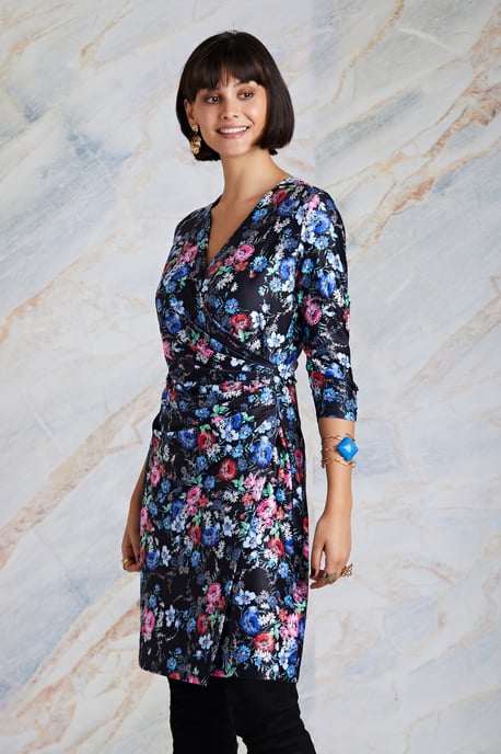 Black Midnight Daisy Print Wrap Dress