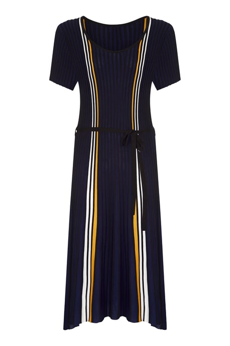 Navy Stripe Knit Pleated Dress