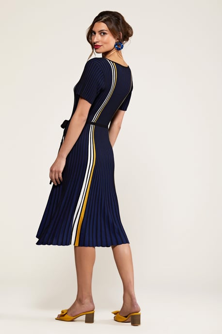 Navy Stripe Knit Pleated Dress