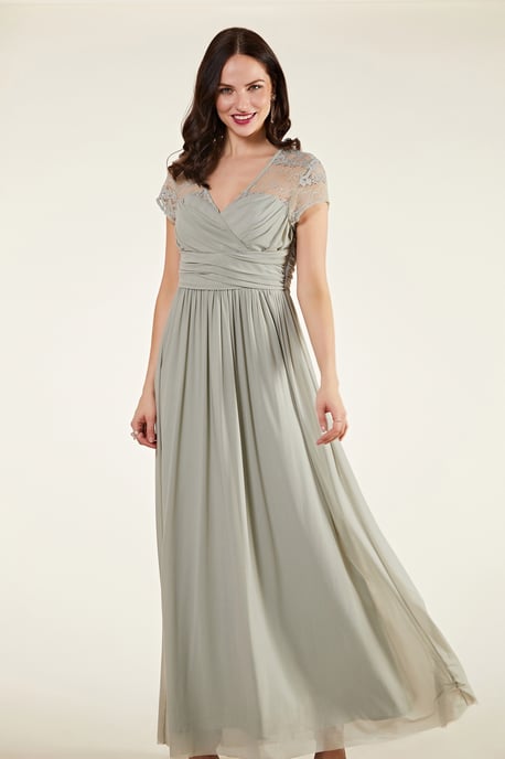 Ruched Wrap Mesh And Lace Maxi Dress