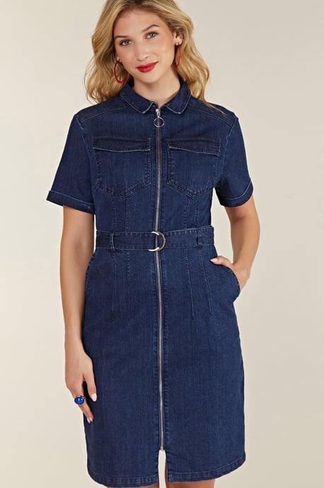 Blue Denim Shirt Dress With Zipper
