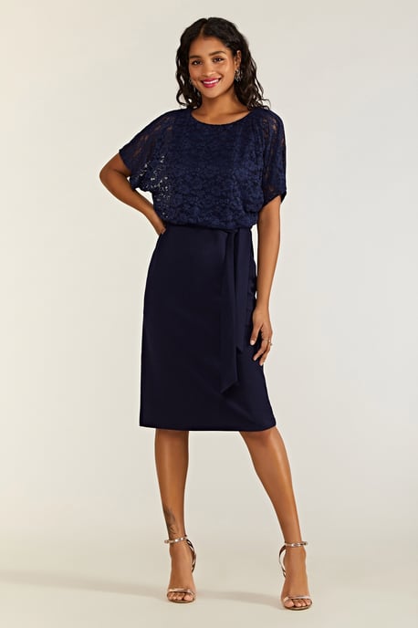 Navy Lace And Ponte Dress With Kimono Sleeves