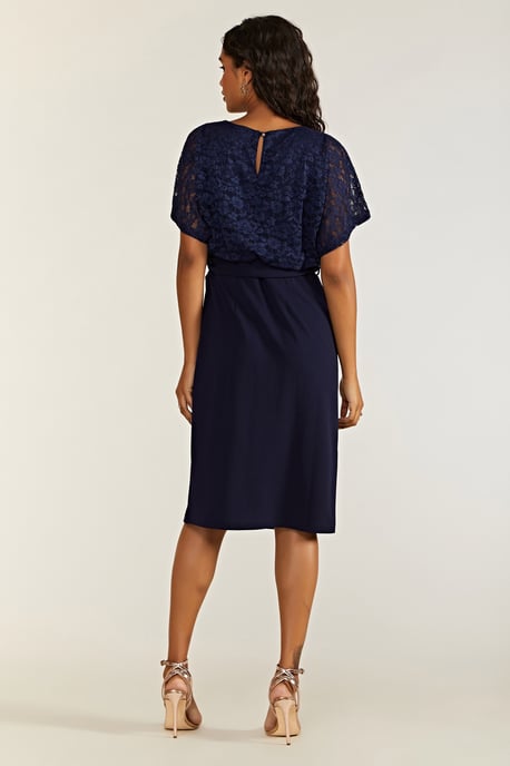 Navy Lace And Ponte Dress With Kimono Sleeves