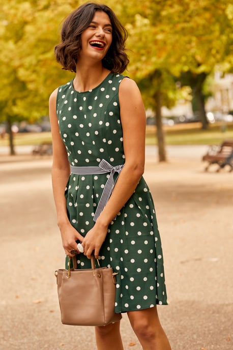 Green Spot Print Dress With Contrast Belt