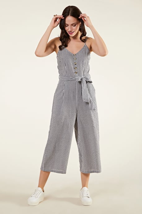 Gingham Cotton Jumpsuit With Button Deta