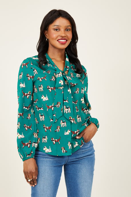 Green Cute Dog Print Pussy Bow Blouse