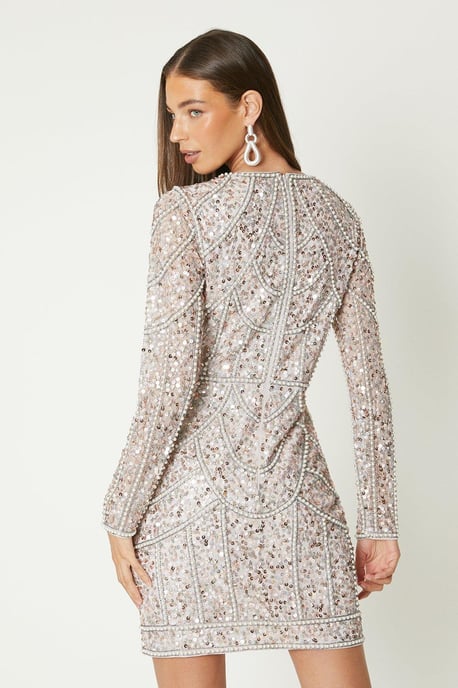 Pearl Detail Mini Dress With Long Sleeve