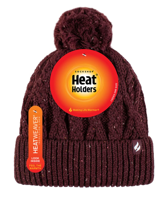 Ladies Pom Pom Bobble Hat | Heat Holders | Fashionable Chunky Warm Cable Knit Beanie with Heatweaver Fleece Lining | Salzburg Style - Wine - Image 2