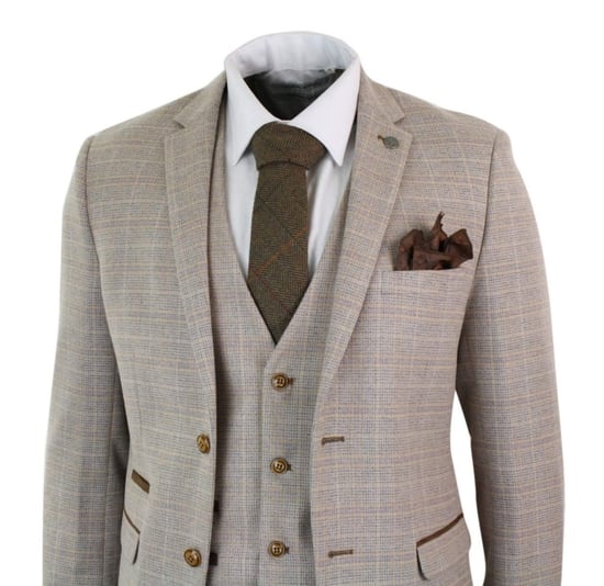 Heren 3-delige Beige Tweed Ruit Vintage Retro Kostuum - Image 5