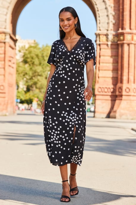 Black & White Spot Print Lace Trim Midi Dress