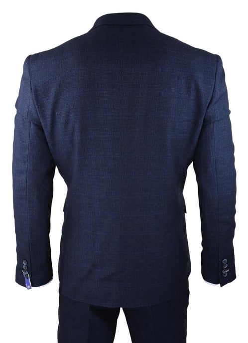 Heren 3-delig marineblauw geruit tweed retro klassiek pak - Image 3