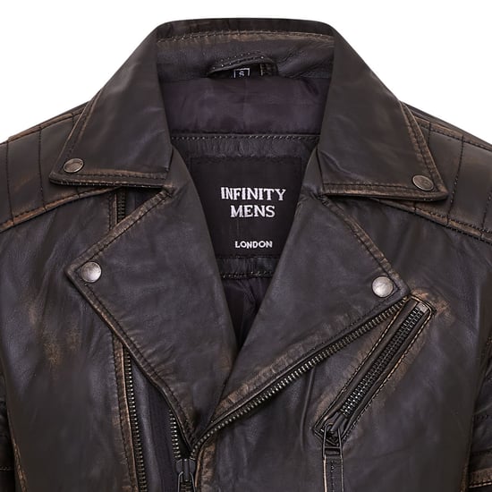 Mens Vintage Black Brando Double Cross Zip Leather Biker Jacket- Fagernes