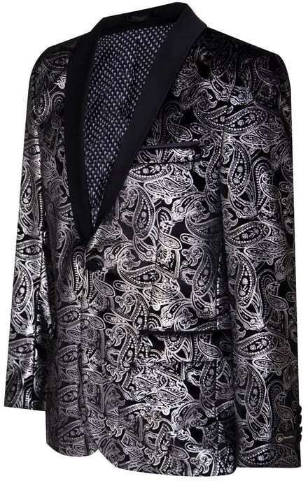Mens Classic Silver Paisley Black Velvet Tuxedo Dinner Jacket Tailored Blazer