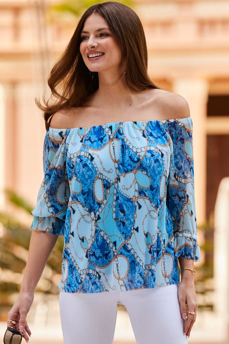 Blue Multi Print Plisse Mesh Bardot Top