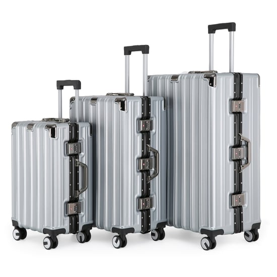 Hardshell Silver Suitcase Set Robust 8 Wheel Luggage Cabin Case Bag