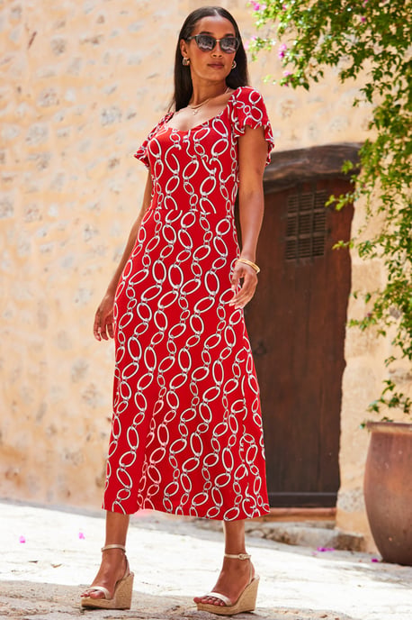 Red Chain Print Angel Sleeve Fit & Flare Midi Dress