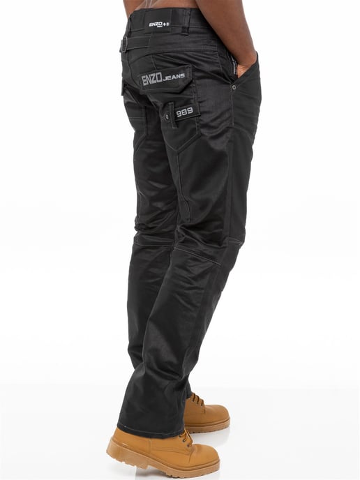 Enzo Mens Denim Jeans Straight Leg - Black Coated
