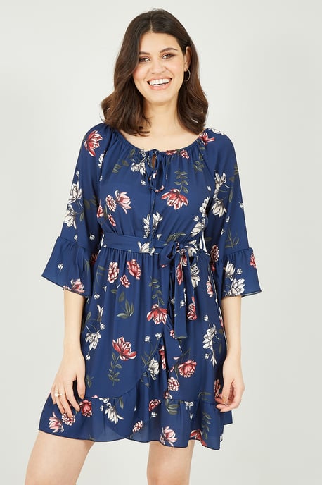 Mela Navy Floral Bardot Frill Skater Dress