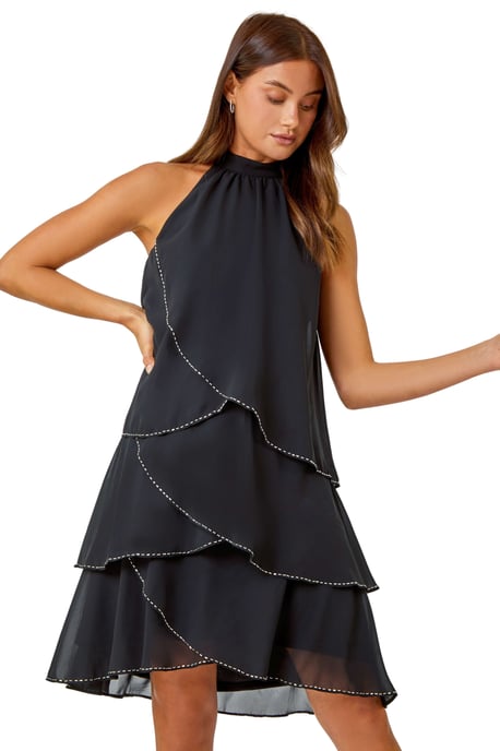 Sequin Trim Tiered Halterneck Dress - Image 1