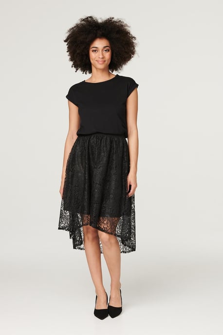 Black Lace Asymmetric Hem Midi Skirt