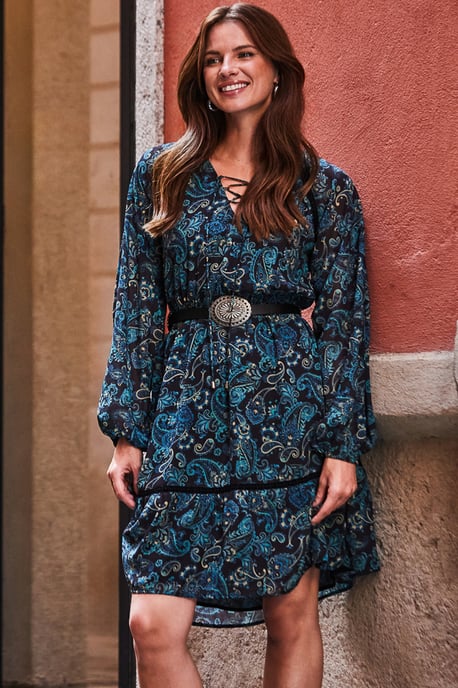Navy Blue Paisley Print Fit & Flare Dress