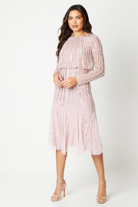 Linear Sequin Embellished Long Sleeve Midi Dress - Image 2