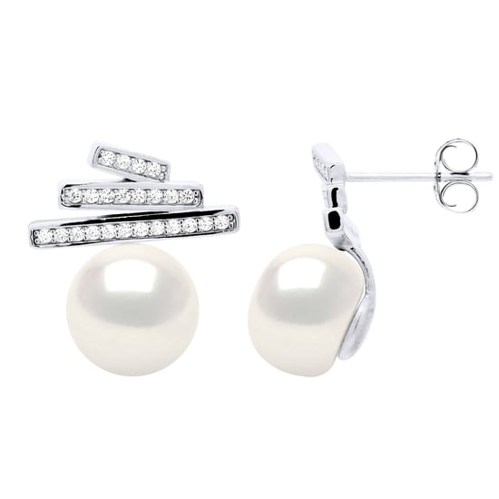 Earrings Strips mounted with Cubic Zirconia - Real Cultured Freshwater Pearl Button 9-10 mm