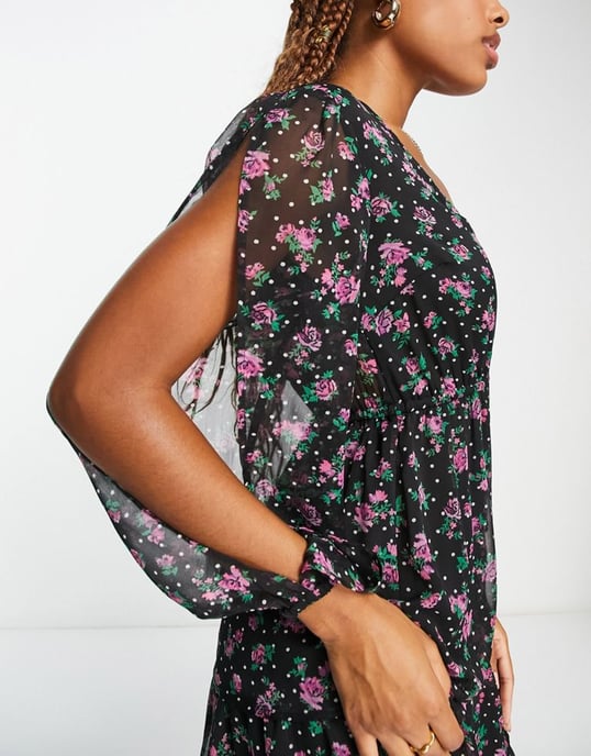 Miss Selfridge chiffon tiered maxi dress in spot floral print-Black