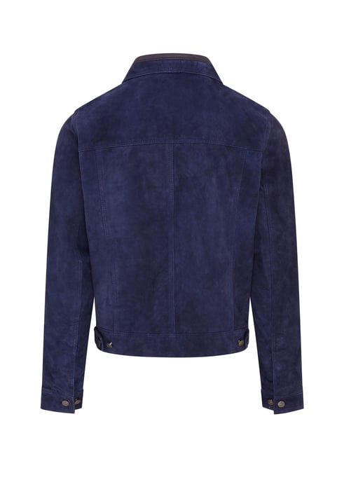 Mens Navy Blue Goat Suede Leather Jeans Jacket- Nurmes