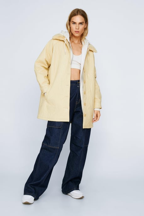 Swirl Quilted Fur Collar Pu Coat
