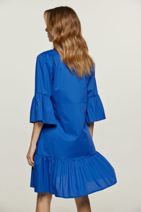Royal Blue Bell Sleeve Dress with Ruffle Hem