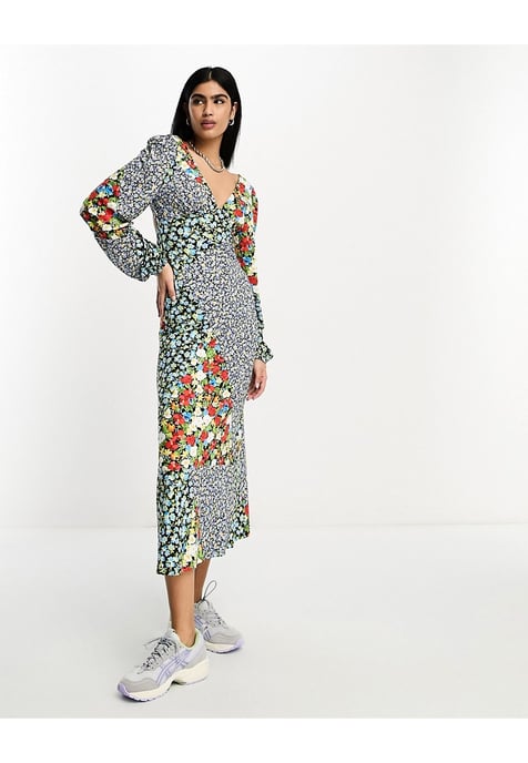 ASOS DESIGN long sleeve v neck midi dress in mixed print-Multi