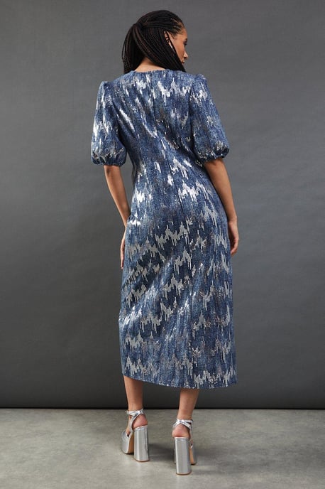Premium Sequin Denim Fitted Puff Sleeve Midi Dress - Image 3